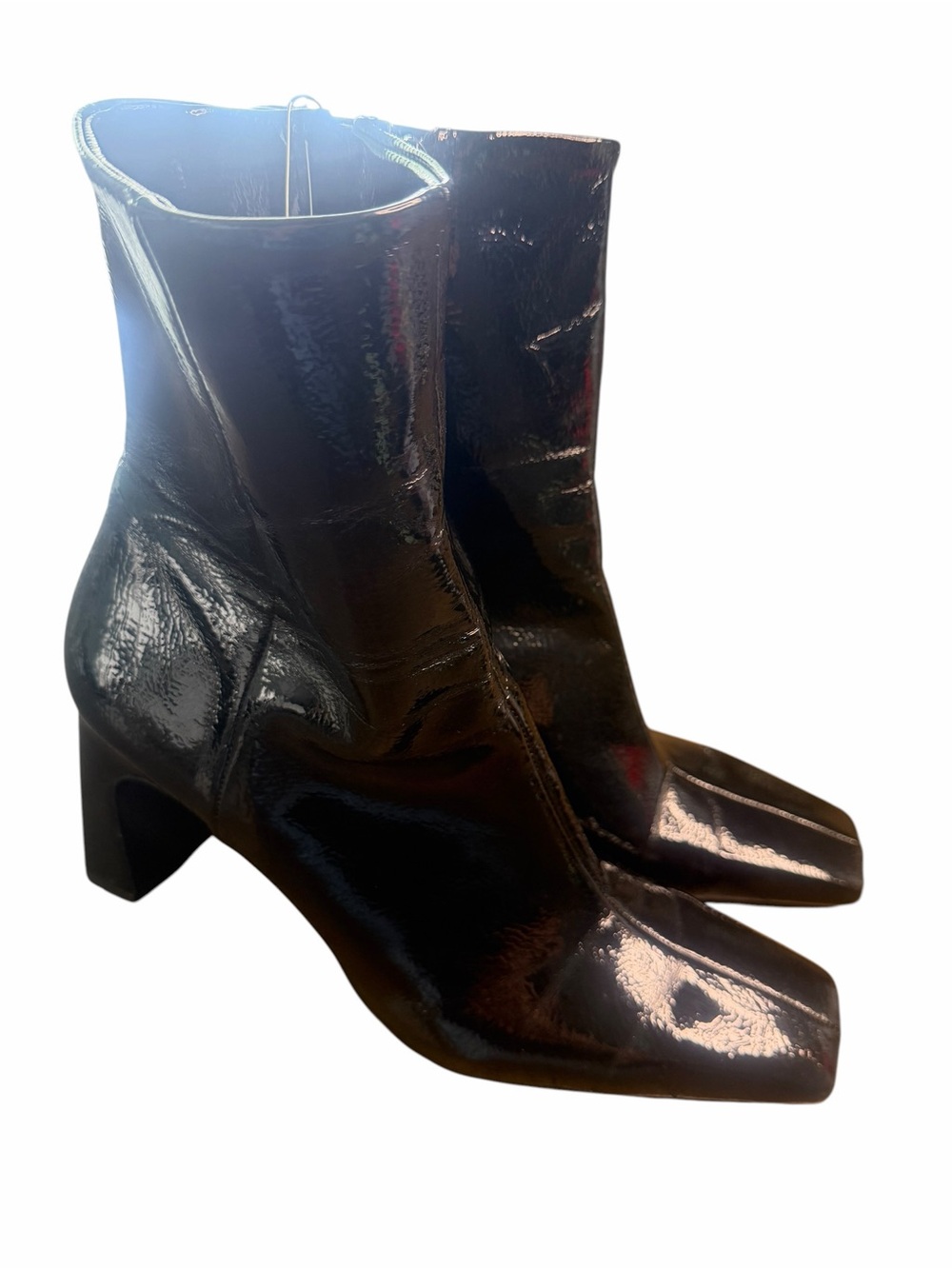 Zara Black Patent Square-Toe Ankle Boots